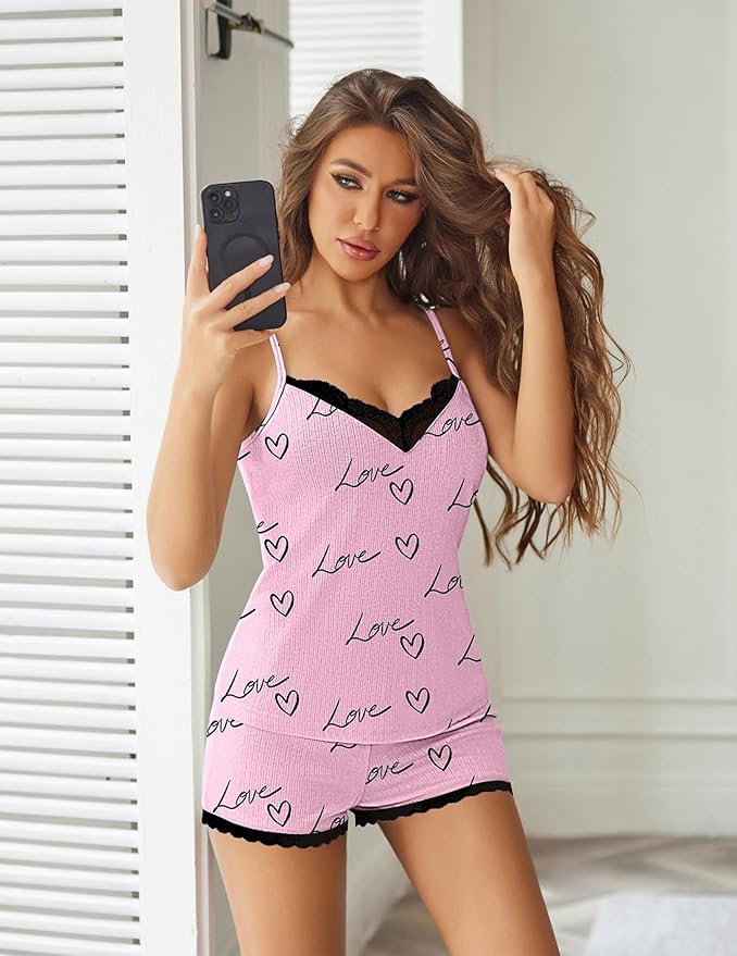 Ekouaer Womens Pajama Sets 2 Piece Lingerie Sleepwear Cute Cami Shorts Pjs Set Soft V Neck Lace Trim Nightwear
