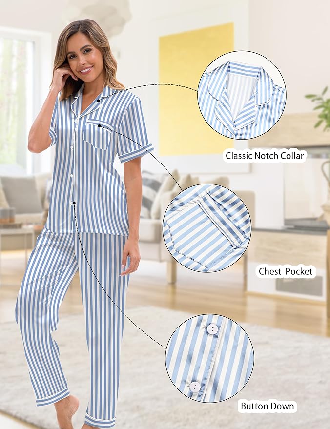 Silk Satin Pajama Set for Women 3-piece Short Sleeve Pajama with Pants Ruffle Shorts Cute Pj Set Button Down Sleepwear