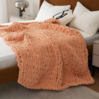 WESHIONGOO Chunky Knit Blanket Throw Knitted Throw Blankets for Couch Bed Fluffy Soft Blanket with Jumbo Chenille Yarn Thick 100% Handmade(Peach Fuzz, 51"×63")