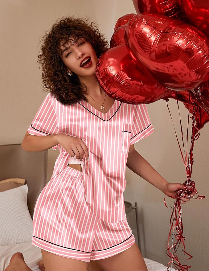 Ekouaer Silk Pajama for Women Short Sleeve Satin Pj Set Two Piece Soft Sleepwear Loungewear, S-XXL
