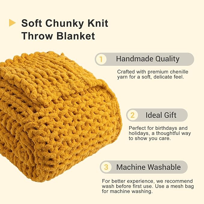 Bunnikins & Clover Mustard Yellow Throw Blanket for Couch, Chunky Knit Gold Blanket Throw with Chenille Yarn for Bed Living Room Home Decor, 50"x60"
