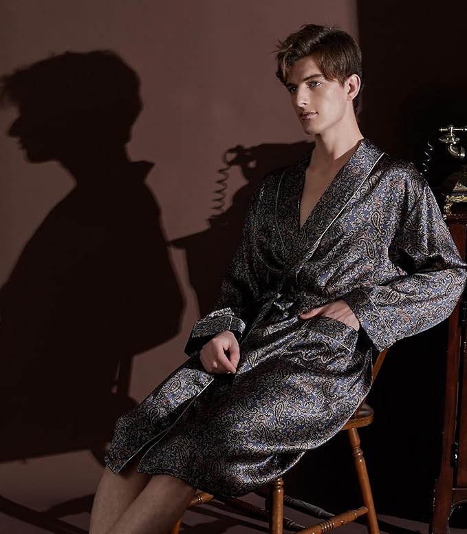 Men's 100% Mulberry Silk Long Robe Kimono Paisley Print Bath Robe, Heavy Silk 19 Momme Dressing Gown