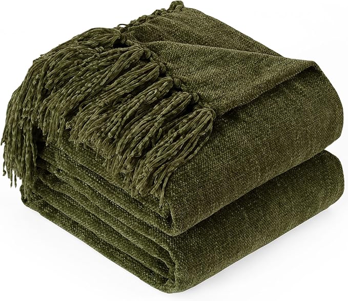 Chenille Throw Blanket for Couch with Tassels,50"X60" Soft Cozy Lightweight Knitted Boho Decorative Blankets for Bed and Sofa,Olive Green