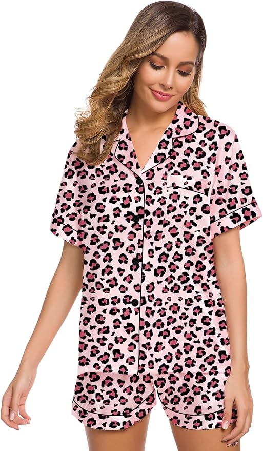 SWOMOG Womens Silk Satin Pajamas Set Short Sleeve Sleepwear Button Down Top and Shorts Loungewear 2 Piece Pjs Set XS-3XL