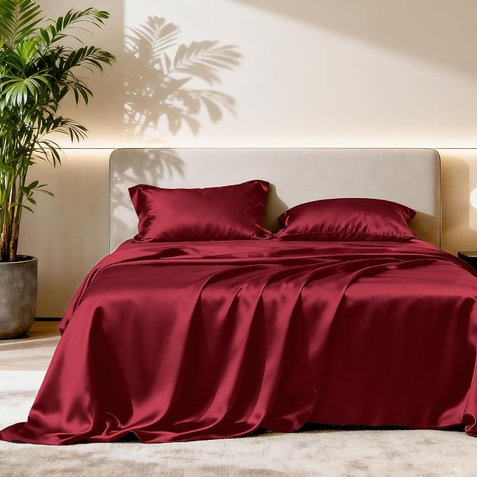 Love's cabin Full Size Satin Sheet Sets - 4 Piece Burgundy Silky Satin Sheet Set Full with Deep Pocket, Luxury Silk Feel Satin Bed Sheets Full Bedding Set (1 Flat Sheet,1 Fitted Sheet,2 Pillow Cases)
