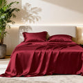 Love's cabin Satin Queen Sheets Set - 4 Piece Burgundy Silky Bed Sheets with Deep Pocket, Luxury Silk Feel Satin Queen Size Sheet Set (1 Flat Sheet,1 Fitted Sheet,2 Pillow Cases)