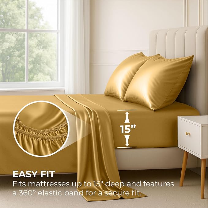 Satin Sheets Queen [4-Piece, Gold] Hotel Luxury Silky Bed Sheets - Extra Soft 1800 Microfiber Sheet Set, Wrinkle, Fade, Stain Resistant - Deep Pocket Fitted Sheet, Flat Sheet, Pillow Cases