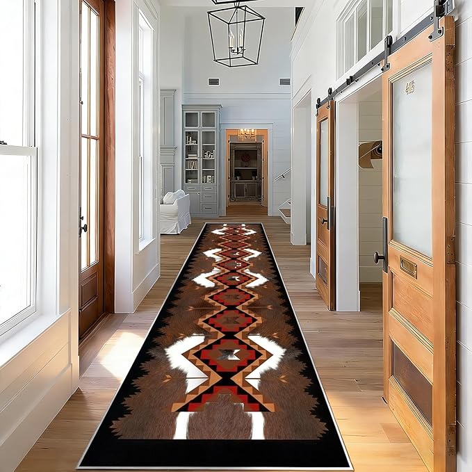 Faux Cowhide Rugs for Hallways,4x12ft,Country Farmhouse Western Runner Rugs,Southwest Aztec Kitchen Runner Rug,Soft, Non-Slip, and Machine Washable Cowhide Carpet,for Bedroom, Indoor Entrance