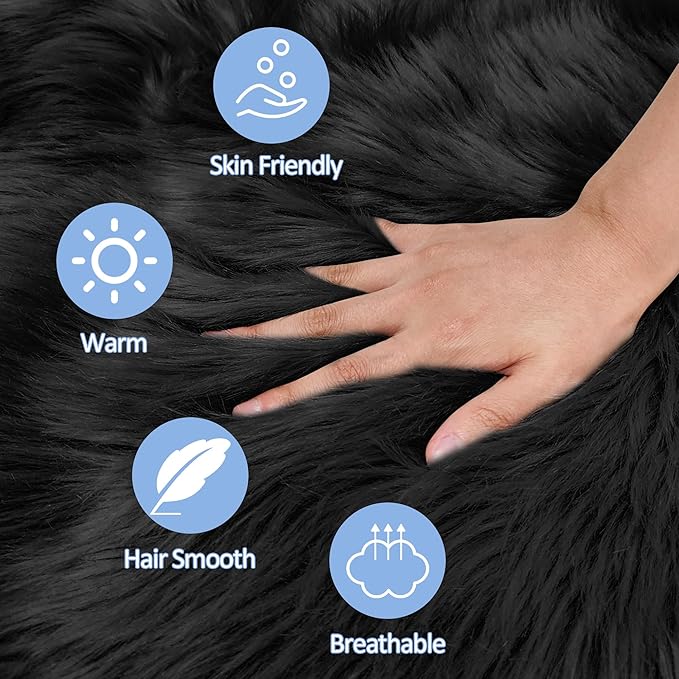 15.7 Inches Mini Black Round Faux Fur Sheepskin Area Rug, Fluffy Small Circle Rugs Cushion for Chair, Furry Carpet for Nail Desk, Shaggy Circular Rug Plush Rug