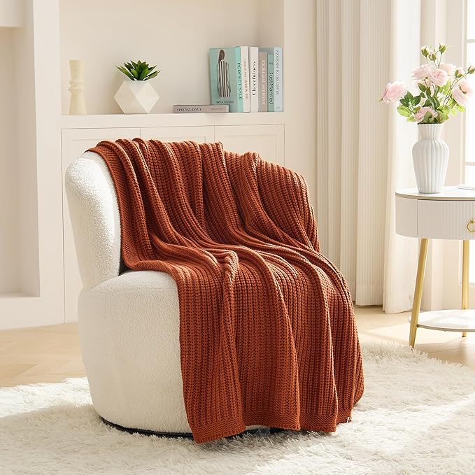 Chunky Knit Rust Orange Throw Blanket 50"x60" Soft Cozy Knitted Blanket for Couch Sofa Bed, Cute Decorative Spring Throw for Living Room