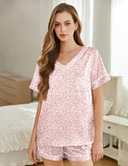 Silk Pajamas for Women Short Sleeve Satin 2 Piece Pj Set Soft V Neck Sleepwear Loungewear, S-XXL
