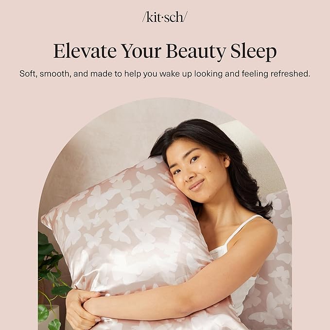Kitsch Satin Pillowcase with Zipper for Hair & Skin - Softer Than Silk Pillow Cases, Cooling Satin Pillow Case, Wrinkle-Free, Machine Washable, Pillow Cases Standard Size 19x26 - Champagne Butterfly