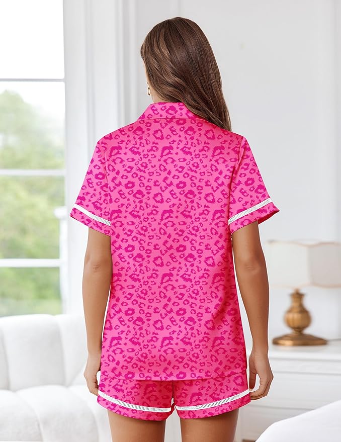 Ekouaer Womens Silk Pajama Sets Button Up Satin Pjs Short Sleeve 2 Piece Pj Sets Cute Lounge Sets with Chest Pocket