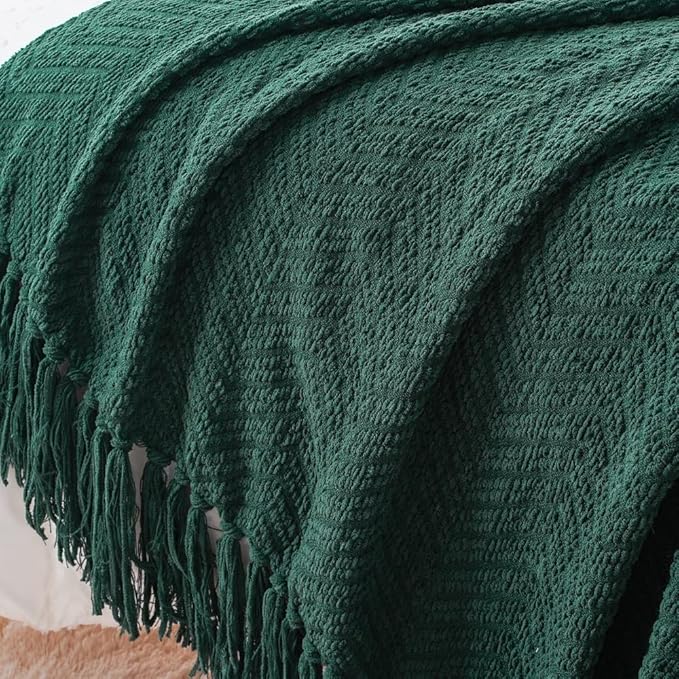 BATTILO HOME Forest Green Throw Blanket Couch,Knit Christmas Throw Blanket Versatile Chair,Super Soft Warm Christmas Decor Throw Tassels Bed,Sofa and Living Room,50'' x 60''