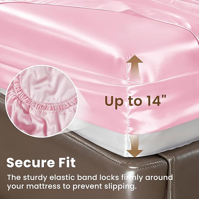Love's cabin Satin Queen Sheets Set - 4 Piece Pink Silky Bed Sheets Set with Deep Pocket, Luxury Silk Feel Satin Queen Size Sheet Set (1 Flat Sheet, 1 Fitted Sheet, 2 Pillow Cases)