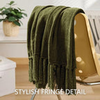 Chenille Throw Blanket for Couch 60"X 80" Twin, Soft Cozy Throws with Fringe Tassel for Bed Sofa Chair Cover, Lightweight Knitted Decorative Boho Blankets for Living Room, Olive Green