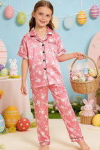 Hupohoi Unisex Girls Boys Kids Pajama Sets Button Down Satin Sleepwear Nighty 3PCS Silky Lounge Sets Nightwear