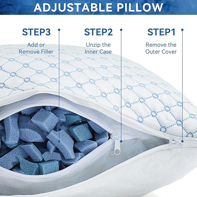 Cooling Bed Pillows for Sleeping Set of 2, Shredded Memory Foam Pillows for Bed King Size 2 Pack, Adjustable Cool Pillows for Side, Back and Stomach Sleepers Neck Supportive
