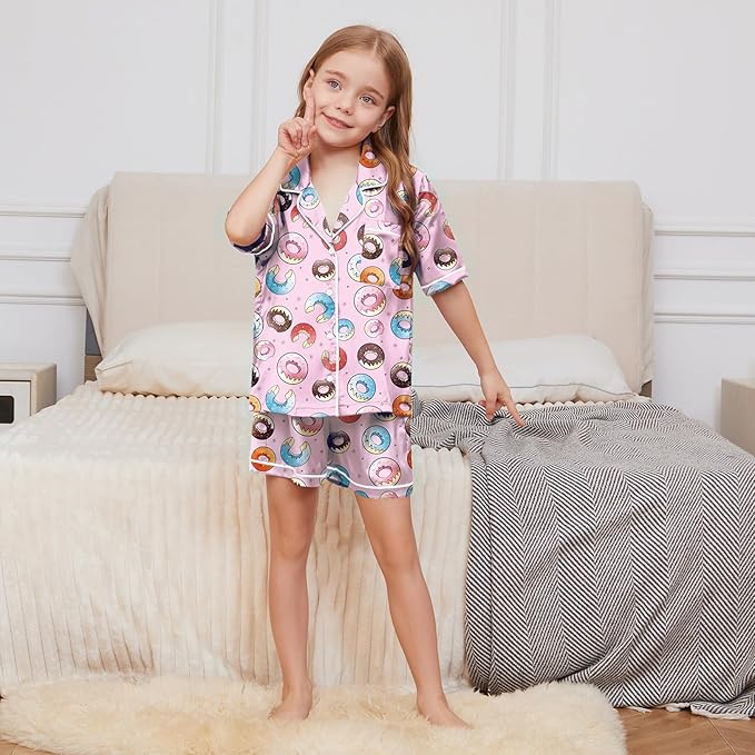 QPANCY Kids Satin Pajamas Sets Baby Boy Girl Button-Down Silk Sleepwear 2 Piece Short Sleeve Loungewear Clothes Set