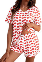 ASTANFY Valentines Day Pajamas Women 2 Piece Silk Valentine Pjs Cute Heart Pajamas V Neck Satin Sleepwear Loungewear Set