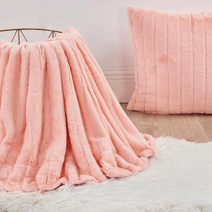 Striped Throw Blanket and Pillow Covers Set (No Inserts) for Couch and Bed, Plush Warm Lightweight Fuzzy Faux Fur Blanket for All Seasons (60" x 80", Pink)