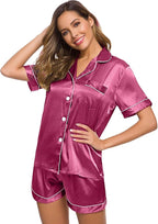 SWOMOG Womens Silk Satin Pajamas Set Short Sleeve Sleepwear Button Down Top and Shorts Loungewear 2 Piece Pjs Set XS-3XL