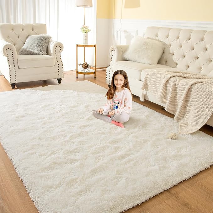 Softlife Area Rug for Living Room, Fluffy Shag Plush 5.3x7.6 Cream Rugs for Bedroom Girls, Shaggy Soft Fuzzy Kids Large Carpet for Dorm Bedside Ultra Cozy Non-Slip Indoor Decor