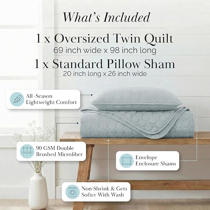 Southshore Fine Living, Inc. Oversized Bedding Quilt, Lightweight Bedding, Twin XL Bedspread, Soft Coverlet 2-Piece Set with One Matching Sham, All Season Twin/XL Quilt Set, Harbor Mist Blue