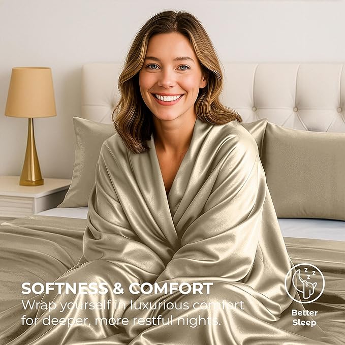Satin Sheets California King [4-Piece, Champagne Gold] Hotel Luxury Silky Bed Sheets - Soft Microfiber Sheet Set, Wrinkle, Fade, Stain Resistant - Deep Pocket Fitted Sheet, Flat Sheet, Pillow Cases