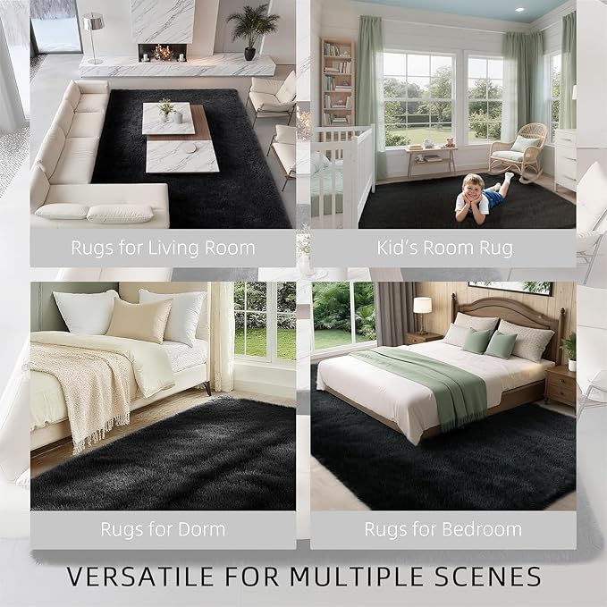 9x12 Extra Large Ultra-Soft Black Shag Area Rug for Living Room, Bedroom and Dining Room – Fluffy, Durable, Non-Slip Carpet for Nursery, Playroom and Home Office, Modern Plush Home Décor