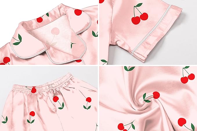 Umeyda Women & Girls Pajamas Set, Soft Satin Lightweight Silk Button-Down Top with Shorts 2 Piece PJS for Mom Boys Kids Gifts