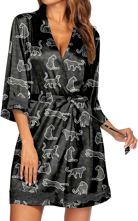 Ekouaer Women's Lace-Trim Silk Robes Bride Bridesmaid Kimono Satin Bathrobe V Neck Sleepwear with 3/4 Sleeve