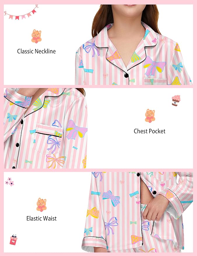 EPLAZA Kids Satin Pajamas Sets Girls Boys Button-Down Silky Pajamas Sleepwear with Hairband Eye Mask Hair Tie