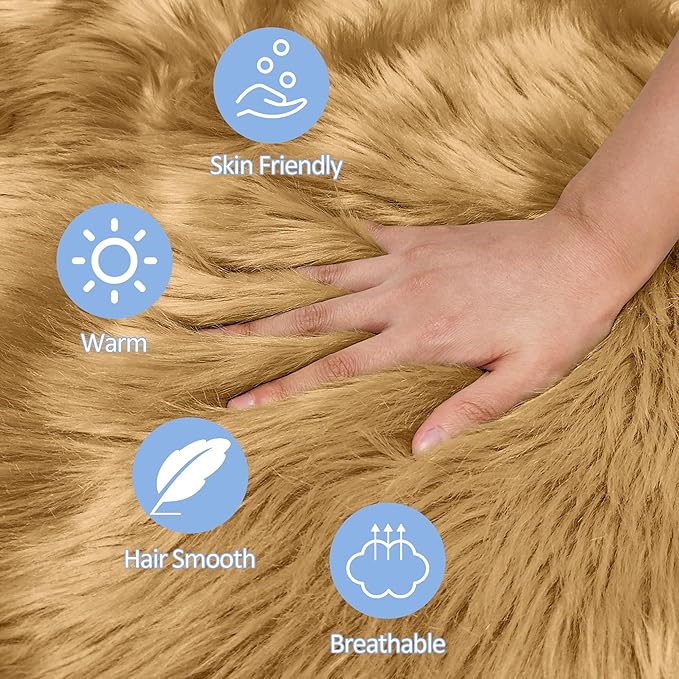 15.7 Inches Mini Khaki Round Faux Fur Sheepskin Area Rug, Fluffy Small Circle Rugs Cushion for Chair, Furry Carpet for Nail Desk, Shaggy Circular Rug Plush Rug