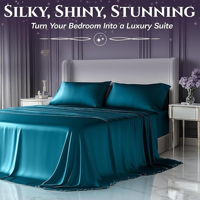SLEEP SANCTUARY Satin Sheets Twin Size – 3 Piece Luxury Silky Bed Set, Softer Than Silk, 15" Deep Pocket, Cooling & Wrinkle-Free, Moisture-Wicking & Breathable for Hair & Skin (Sea Teal)