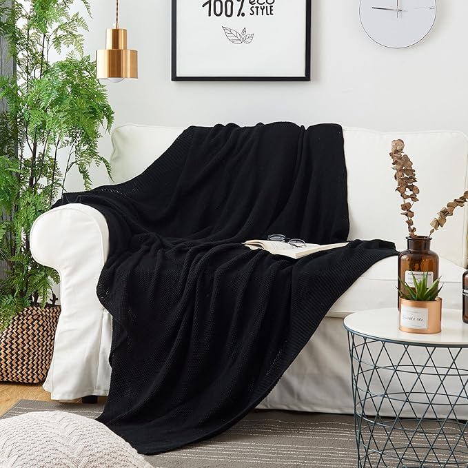 Longhui bedding Black Cotton Cable Knit Throw Blanket for Couch Sofa Chair Bed Home Decorative, 3.4 Pounds 60 x 80 Inch Lightweight Woven Throw Blankets with Bonus Laundering Bag