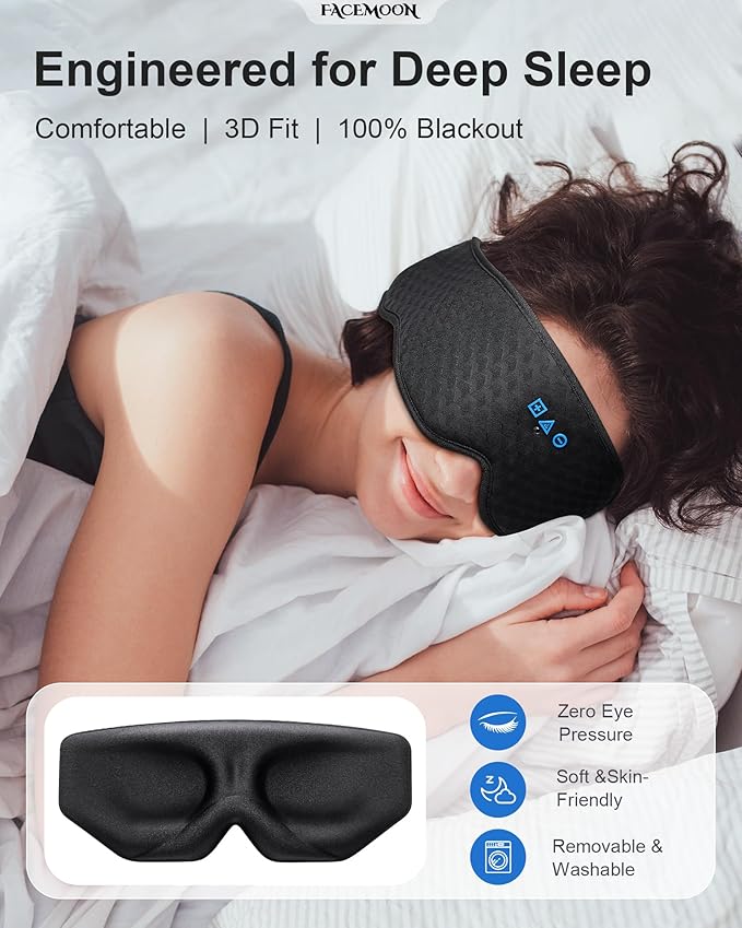 Bluetooth Sleep Mask Headphones: 100% Blackout Eye Mask with Detachable Washable 3D Contoured Liner - Zero Eye Pressure, No Lash Crush, Adjustable Speakers, Bluetooth 5.4, Gift for Relief & Travel