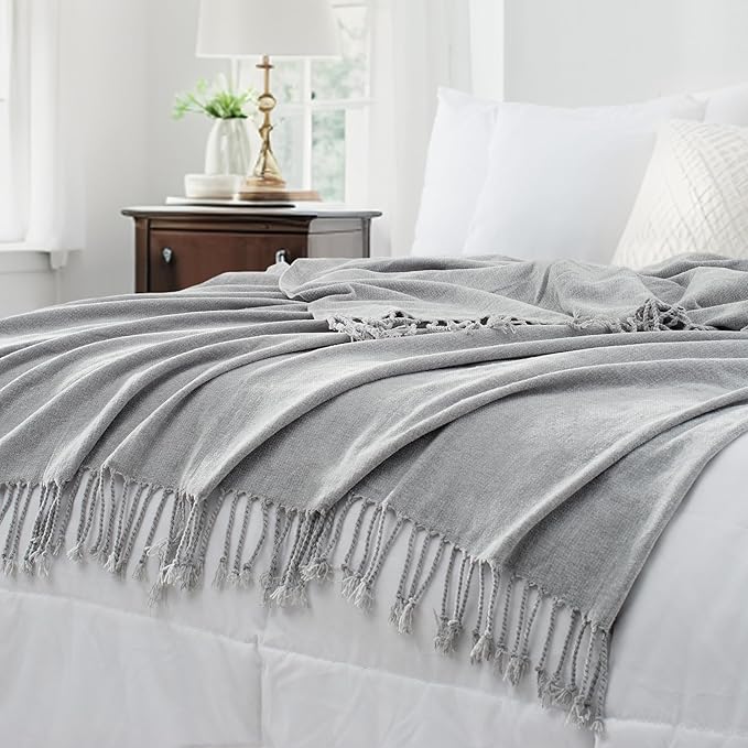 Chenille Throw Blanket for Couch with Tassels,55"X75" Soft Lightweight Knitted Boho Decorative Blankets for Bed and Sofa,Light Grey