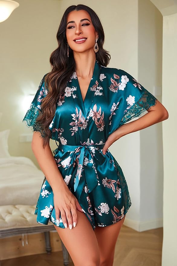 Avidlove Women Lingerie Robe Satin Sleepwear Eyelash Lace Kimono Side Split Sexy Silk Robes