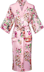 Valennia Women Long Silky Bathrobe Satin Kimono Robe Floral Printed Dressing Gown Sleepwear