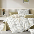 ALEISSEL White Botanical Cotton Comforter Queen Size - 3PC Lightweight Bedding Sets with Ultra-Soft Alternative Fill, Luxurious Pale Mustard Reversible Design (1 Comforter, 2 Pillowshams)