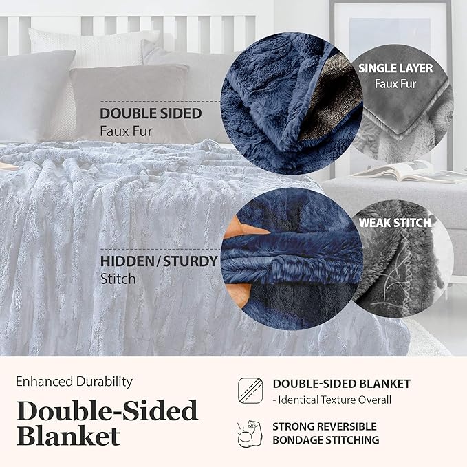 MHD l [Made in Korea] Premium Faux Fur Throw Blanket : Luxury Double-Sided 15mm Microfiber Blanket, 800 GSM :Tan Navy, 60" x 79"