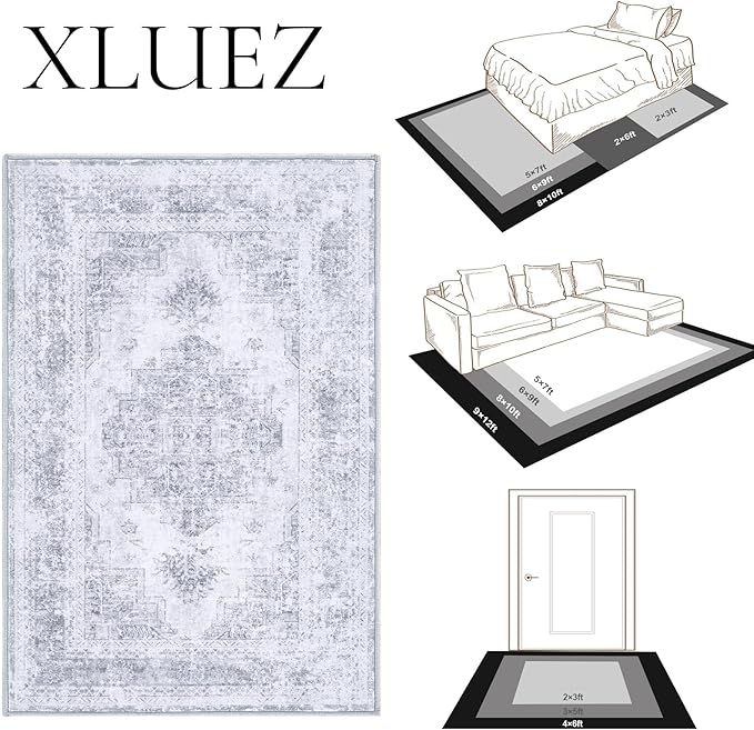 XLUEZ Area Rug 5x7 Living Room Rug, Machine Washable Vintage Distressed Medallion Rug Non-Slip Soft Low Pile Large Indoor Rugs for Bedroom Kitchen Dining Room Office(LightGrey,5'x7')
