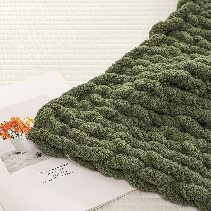 WESHIONGOO Chunky Knit Blanket Throw 51"×63" Knitted Throw Blankets for Couch Bed Fluffy Soft Blanket with Jumbo Chenille Yarn Thick 100% Handmade (Olive Green)