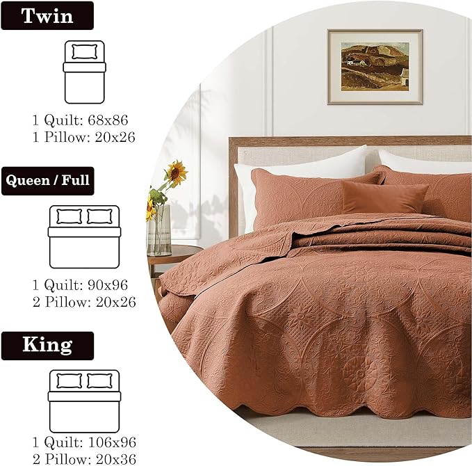 IR Imperial Rooms Twin Quilt Bedding Set Size (68” x 86”) + 1 Pillow Shams (20” x 26” + 2”) - 2 Pcs All Season Lightweight Reversible Microfiber Coverlet Floral Embossed Quilt Bedspread (Rust)
