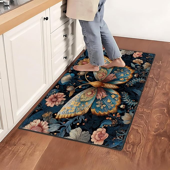 Butterfly Area Rug 2x3 ft Entry Rug Washable Boho Rugs Non Slip Low Pile Floral Door Mat Small Carpet for Bedroom, Bedside, Kids Room, Office, Dining Room