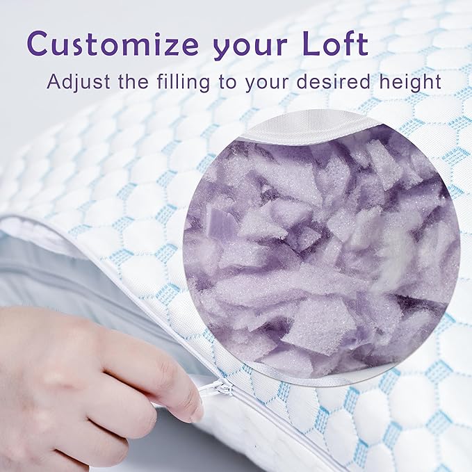 Premium Adjustable Shredded Memory Foam Pillow - Suitable for Side, Back, and Stomach Sleepers, with Cooling Fiber Machine Washable Cover (Standard-2PCS-Lavender)
