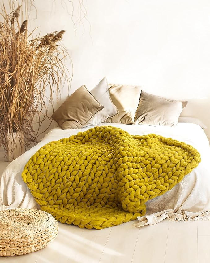 Boho Throw Blanket Green - Chunky Knit Blanket, Full Size Blanket for Adult, Handmadel Blanket for Bed Decor, Crochet Blanket, Gift for Women Birthday (Hunter Green, 54"x75")