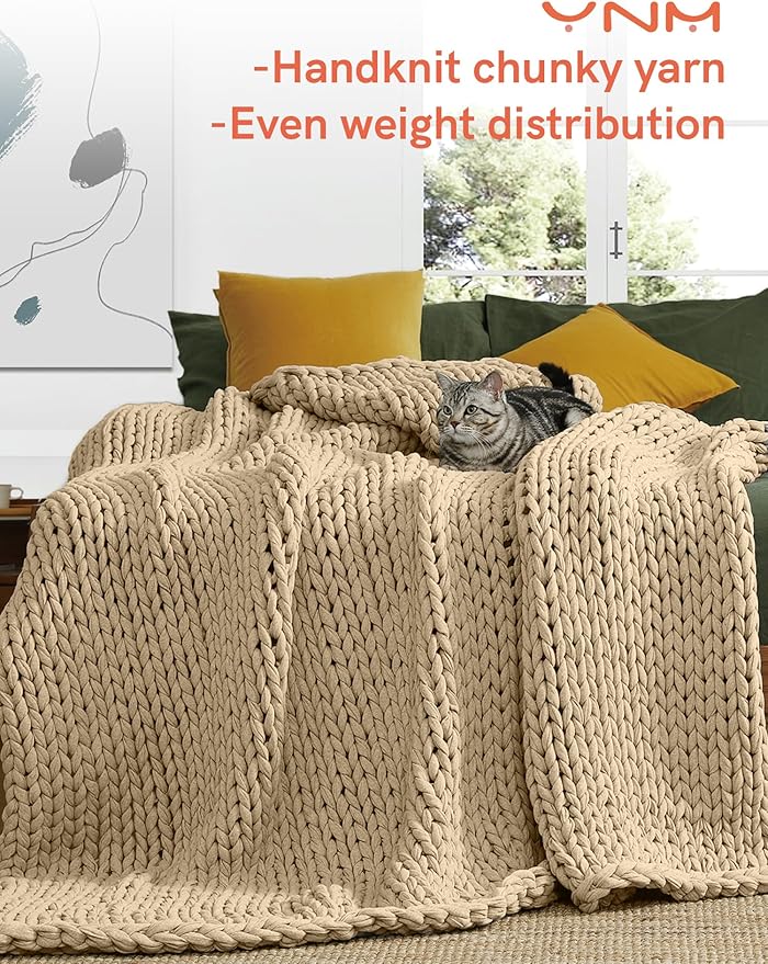 YnM Cotton Weighted Blanket, Handmade Chunky Knitted Design, Soft and Cozy, Temperature Regulating and Breathable, Machine Washable Throw for Sleep or Home Decor (Beige, 50x60 Inch, 15lbs)