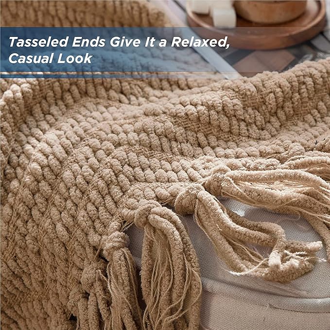 Bedsure Throw Blankets for Couch - Textured Chunky Knit Woven Chenille Blanket - Super Soft, Warm Decorative Boho Throw with Tassels for Bed, Sofa and Living Room Decor, Khaki, 50x60 Inches